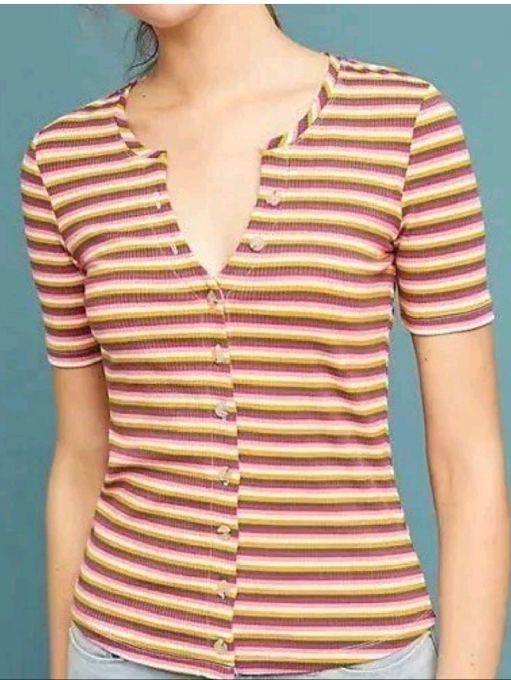 Maeve Anthropologie Ribbed Striped V-Neck Button-Up Tee | Y2K Fitted Baby Tee M